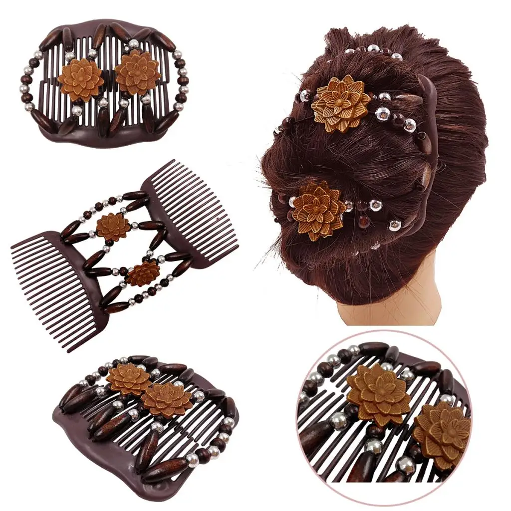 Двойной эластичный гребень для волос женщин с деревянными бусинами Vintaje женский