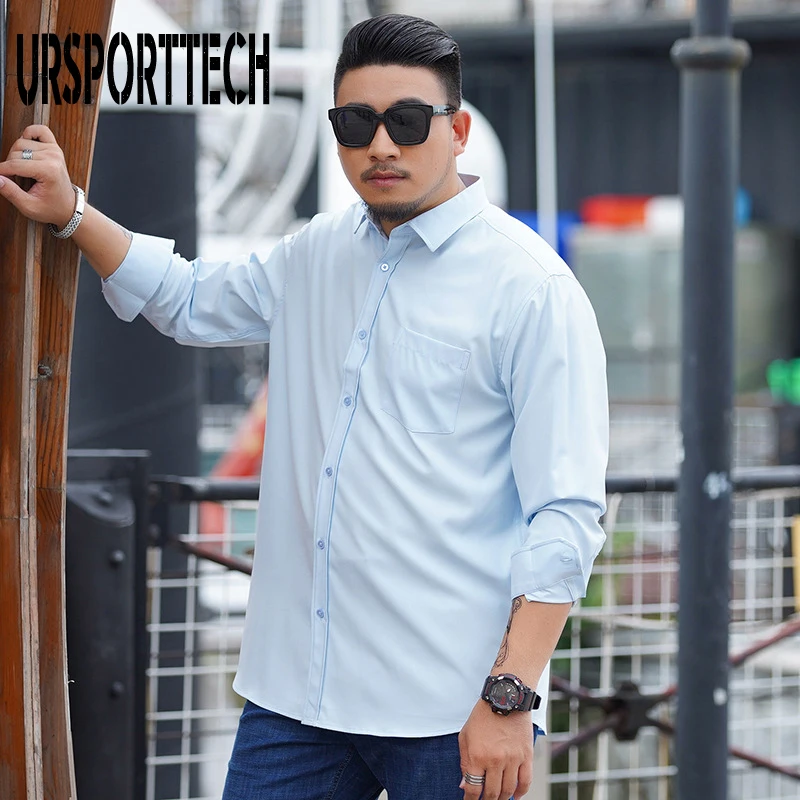 URSPORTTECH Large Size 8XL 9XL Men's Casual Shirt Long Sleeve Mens Business Shirt Spring Loose Blouse Man Multi Color Solid Tops