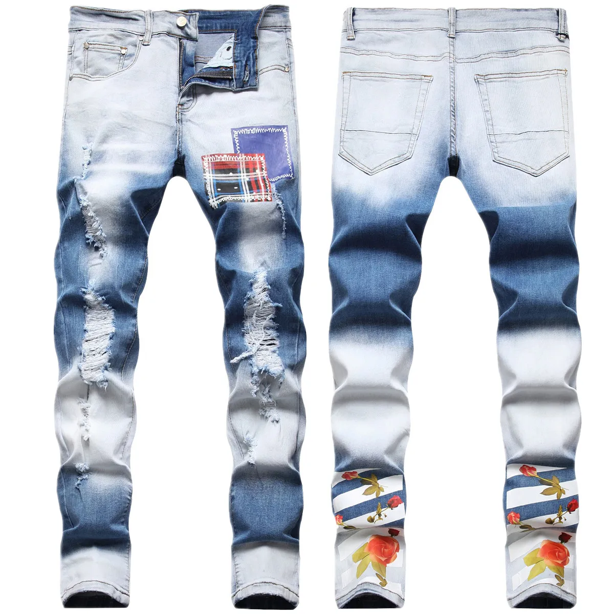 Men's Straight-leg Washed Light Blue Slim-fit Jeans Casual High Street Style Male's Gradient Stitching Denim Pants Autumn/winter