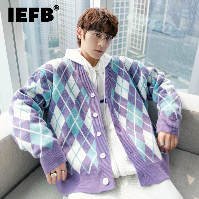 

IEFB Menswear Fashion Argyle Pattern Knitting Cardigan Sweater 2021 New Loose V-neck Single Breasted Sweaters Autumn Winter Coat