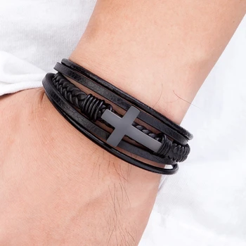 Cross Design Classic Stainless Steel Men's Leather Bracelet 5