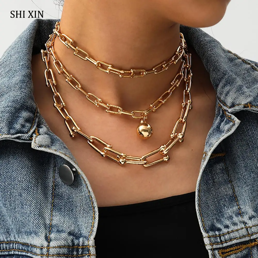 

SHIXIN 3 Pcs/Set Separable U Shape Chain Necklace With Ball Pendant Necklace for Women Punk Layered Short Choker Necklaces Colar