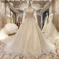 3d flowers a line wedding dress long sleeve see through top high collar beading pearls white wedding gown bridal lace up back