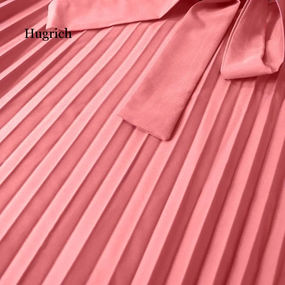 

Plus Size Pleated Dresses with Bowtie Long Lantern Sleeves Knee Length Women Fashion Summer Autumn Female African Vestidos New