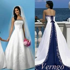 Популярное пляжное свадебное платье, белое и синее атласное свадебное платье без бретелек, стандартное свадебное платье для церкви