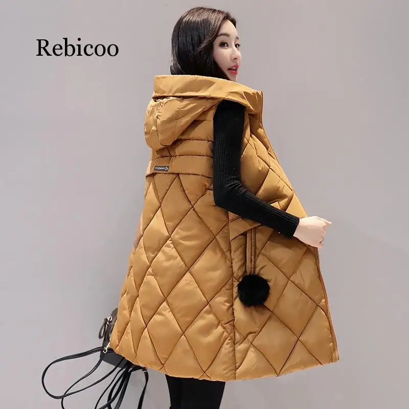 Женский Длинный жилет с капюшоном приталенный пуховик большого размера в