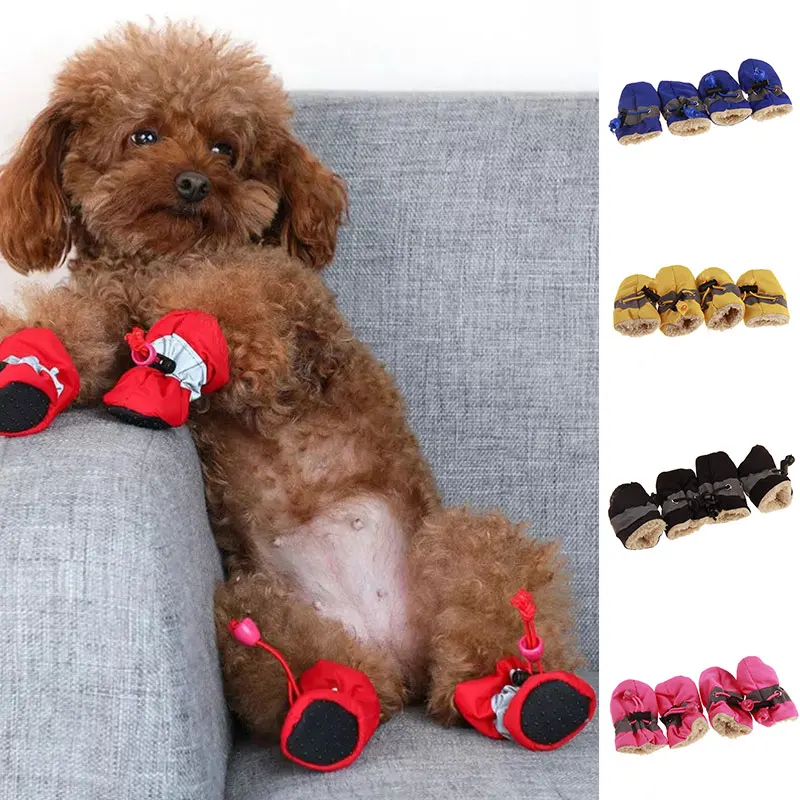 

4pcs/set Waterproof Winter Pet Dog Shoes Anti-slip Rain Snow Boots Footwear Thick Warm Soft Sole Shoes Breathable Pet Supplies