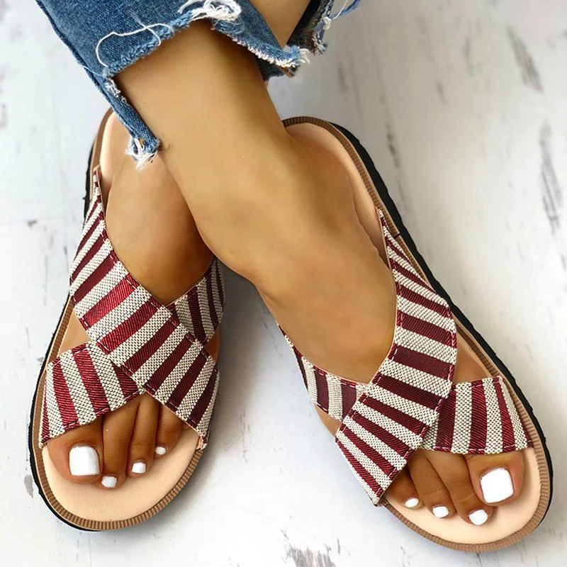 Летние женские тапочки Простые повседневные парусиновые сандалии в полоску на