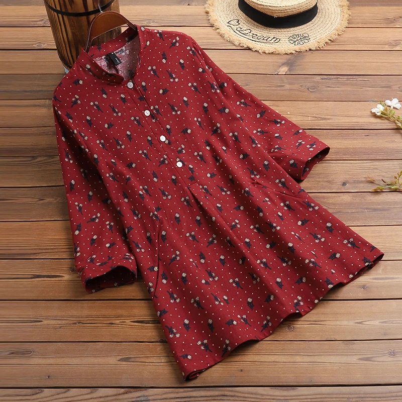 Блузка ZANZEA женская с рукавом 3/4 Повседневная рубашка цветочным принтом свободная