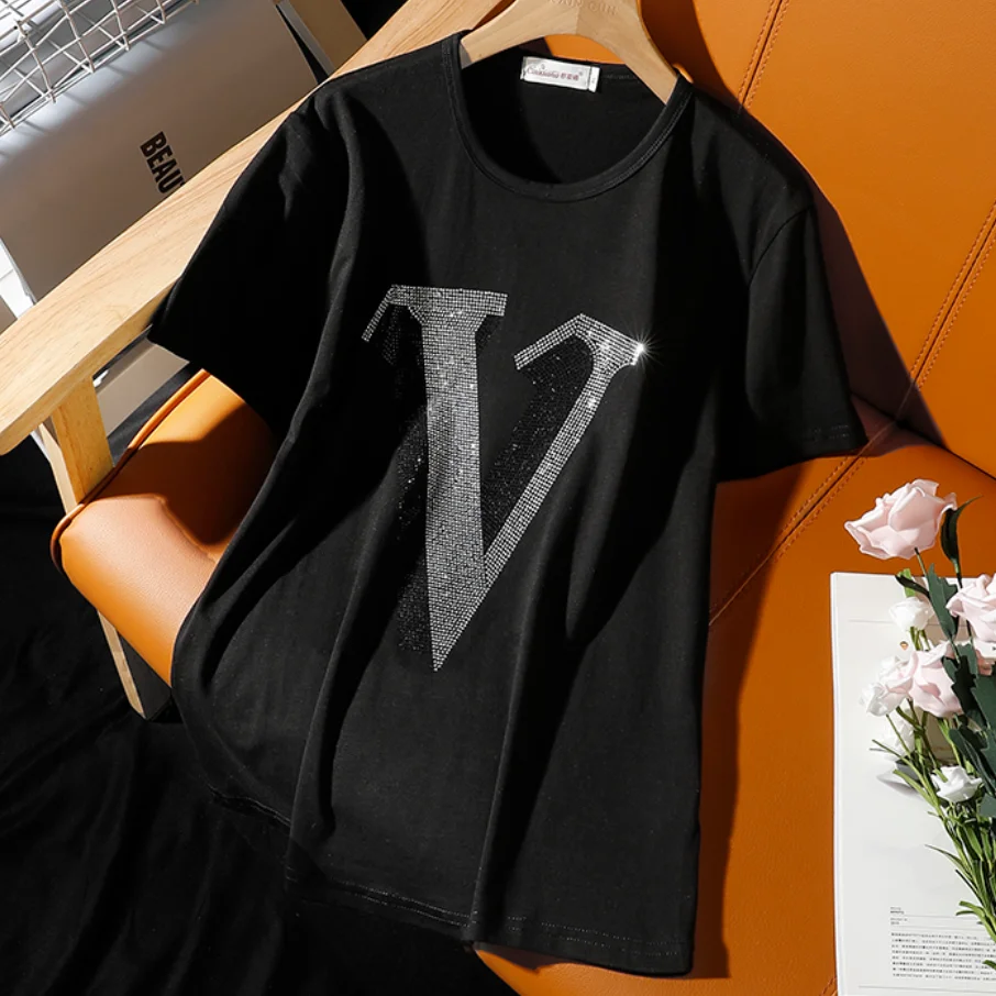 

5XL!Fashion casual new diamond letter “V” short-sleeved t-shirt woemn 2022 summer hot drill loose top tees