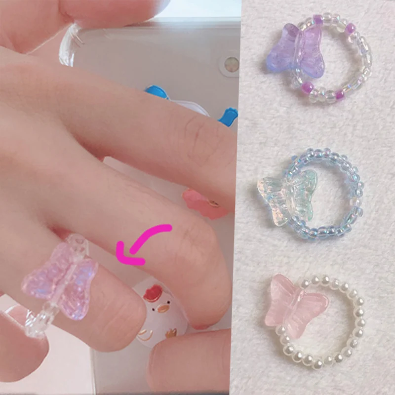 

2021 New Koren Summer Colorful Resin Rings Transparent Beads Butterfly Rings for Women Party Bohemia Vacation Jewelry Gifts