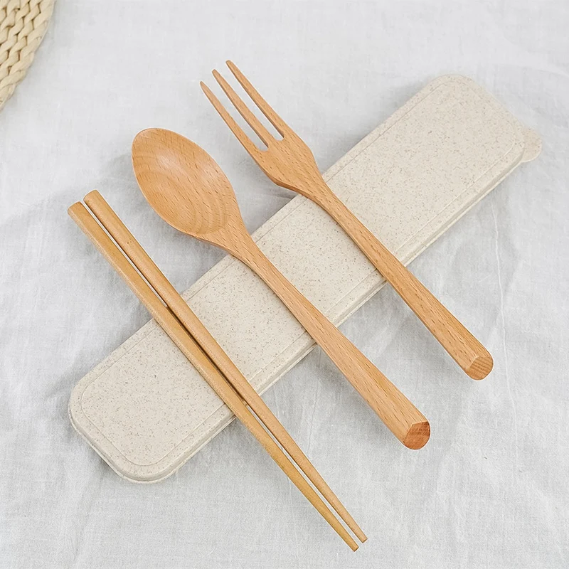 Горячая портативная Экологичная посуда набор деревянных столовых приборов
