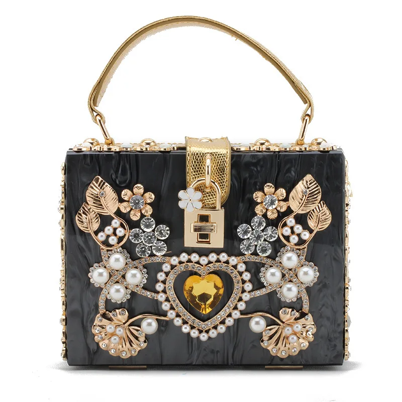 

Luxury Brand Evening Bag Box Shape Handbag for Women Purses Crossbody Bag Acrylic Flower Diamond Wedding Clutch Bag Chic Bag