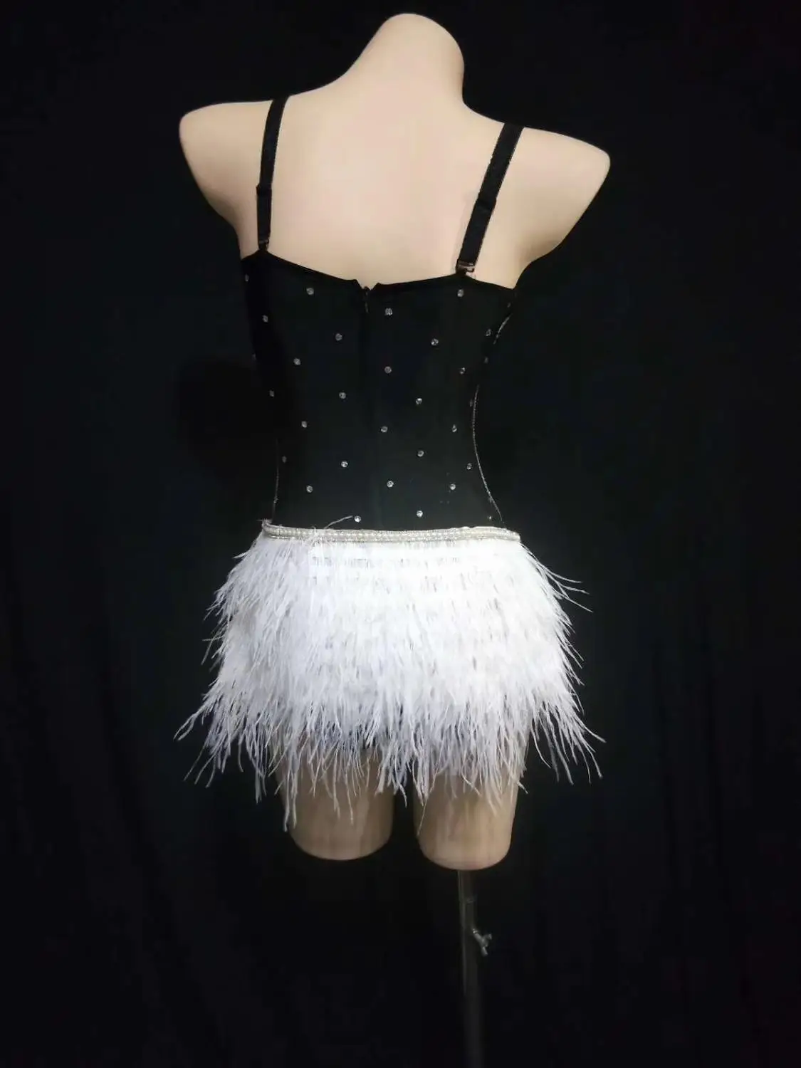 New Black Net Yarn Perspective Shiny Rhinestones Feather Dance Costume Performance Stretch Leotard Female Singer Dance Show