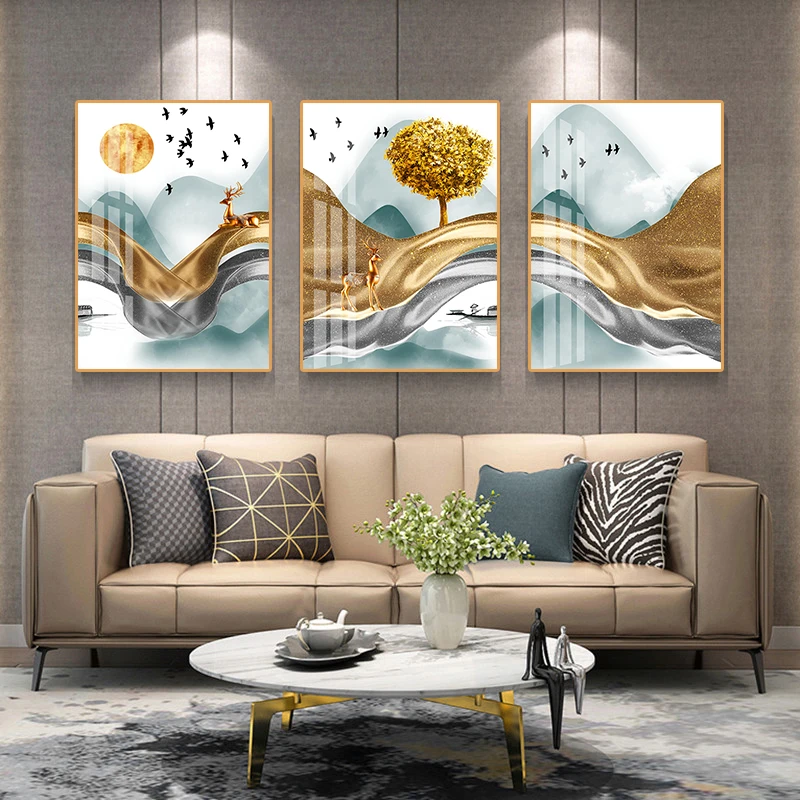 

Nordic Abstract Golden Big Tree Canvas Painting Light Luxury Style Poster Modern Living Room Wall Art Sofa Background Home Decor