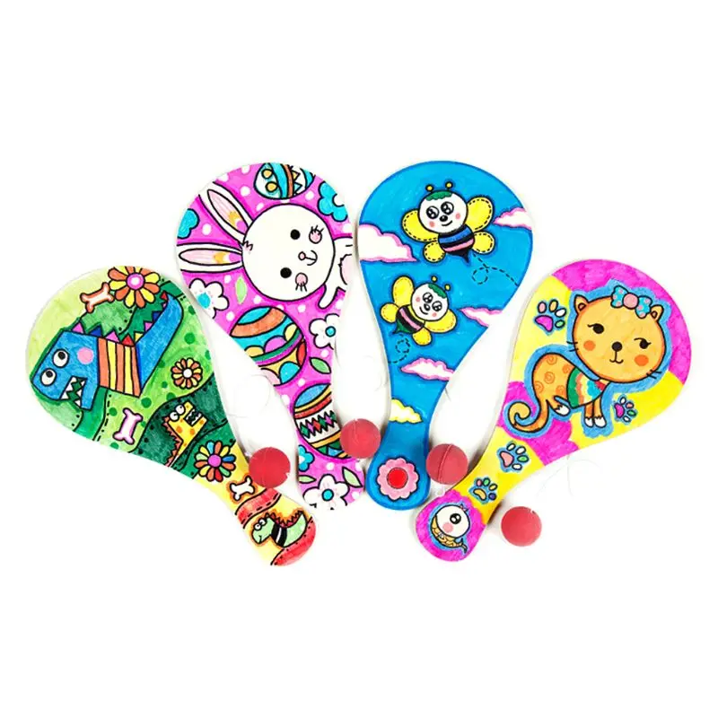 

9pcs/set Hand-painted Wooden Racket with Ball DIY Craft Cartoon Painting Graffiti Toy for Kindergarten Kids GXMA