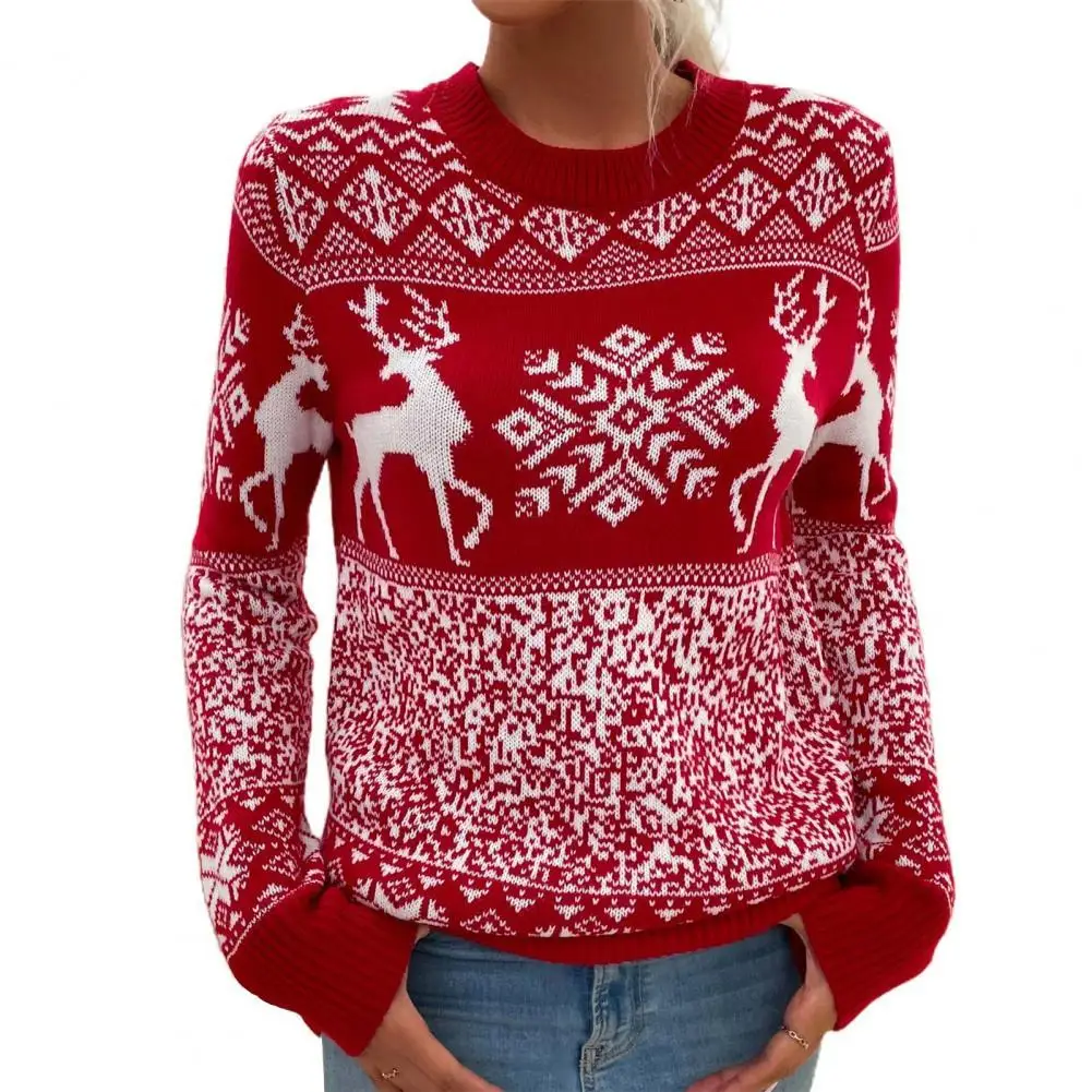 

Women's Sweater Knitted Christmas New Year O-Neck Long Sleeve Christmas Sweater Knitted Elk Snowflake Print Pullover Sweater Top
