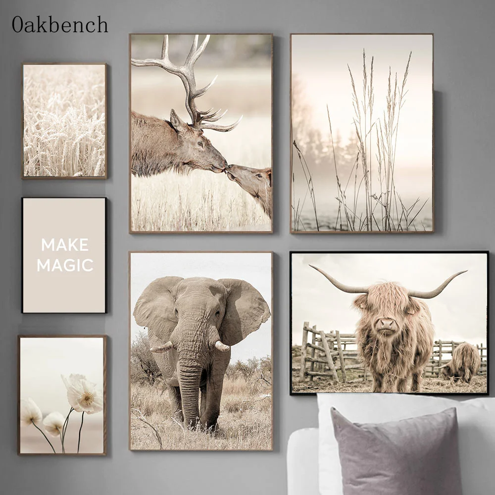 

Natural Landscape Wall Art Pictures Flower Hay Posters Elephant Deer Painting Nordic Canvas Poster For Living Room Decoration