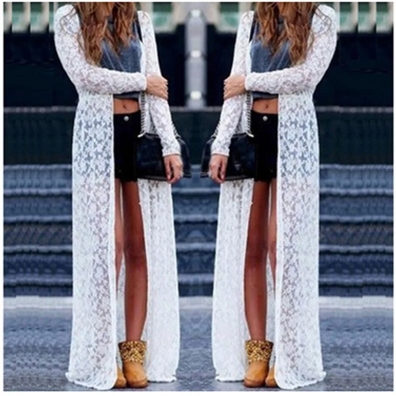 summer Women Blouse white Sexy Perspective Kimono Beach lace Cardigan tops Cover Up Wrap Sun Shirt Long shirt blusas | Женская одежда