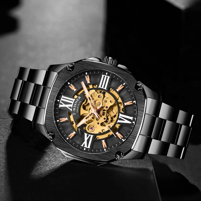 Top Brand WINNER Men Automatic Watch Black Golden Hollow Skeleton Stainless Steel Male Business Mechanical Clock Dropship | Наручные часы
