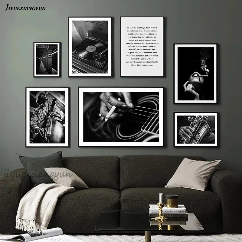 Черно-белые минималистичные настенные художественные плакаты гитара джаз