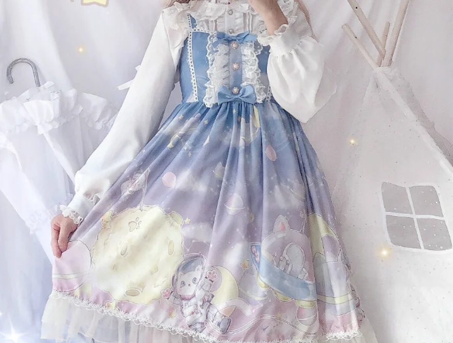 Лолита jsk принцесса лоли печати kawaii платье для девочек градиент Лолита езды Высокая талия бант кружева рюшами Готический Винтаж сладкий лоли