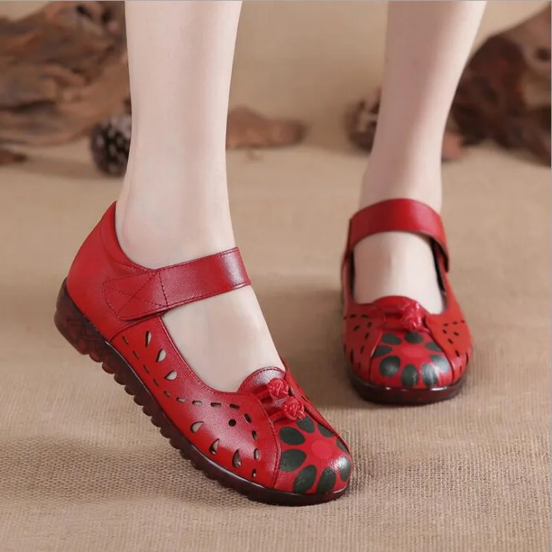 RUSHIMAN 2021 Summer Genuine Leather Breathable Soft Bottom Mother Shoes Retro Handmade Hollow Out Flat Shoes Zapatos Mujer