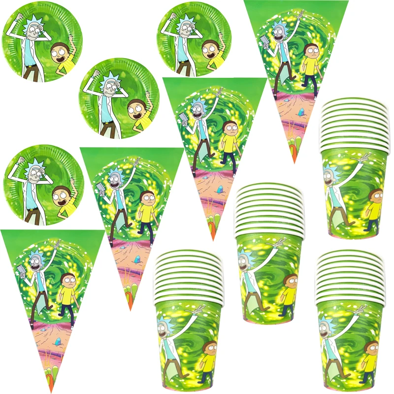 

60pcs/lot Rick And Morti Flags Decorate Pennant Tableware Set Birthday Party Hanging Banner Plates Cups Event Dishes Bunting