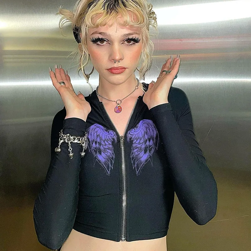 

GothGotik Gothic High Street Style Sexy Short Hoodie Jacket Wings Print Long Sleeve Casual Summer Streetwear Women Party Club