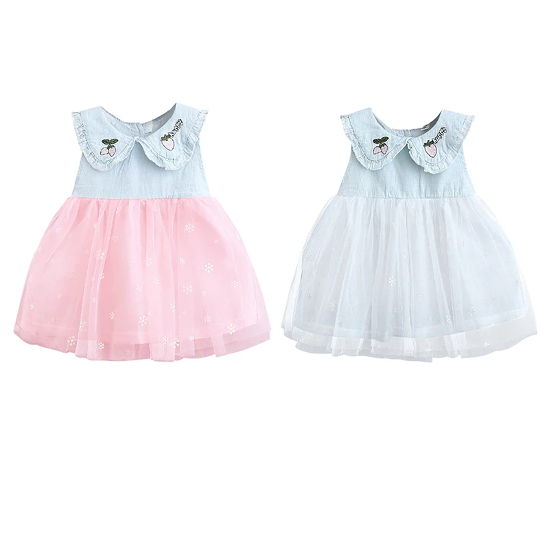 

2021Summer Girls Dress Cherry Embroidery Doll Collar Sleeveless Denim Fake Two-piece Mesh Skirt White XL Size