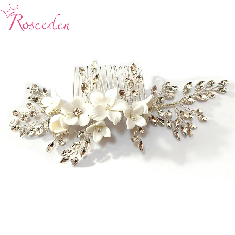 

Handmade Bride Hair Jewelry Silver Color Wedding Headpiece Porcelain Flower Bridal Hair Comb RE4473