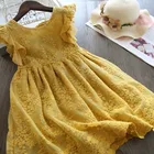 Желтое кружевное платье с вышивкой для девочек, Летнее Детское бальное платье без рукавов в виде лепестков для дня рождения, детское свадебное платье, ткань