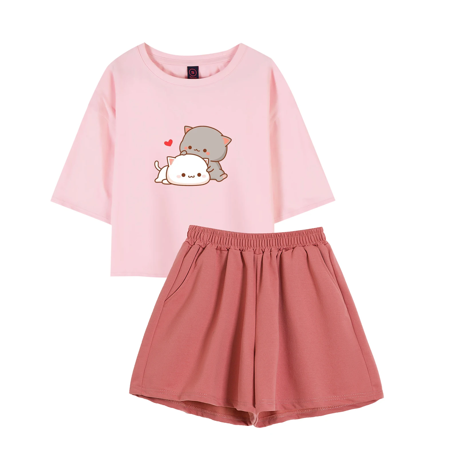 

Kawaii Cartoon Top White Shorts for Women Harajuku Cotton T Shirt Short Sleeve Two Piece Set Trousers Casual Outdoors Clothing