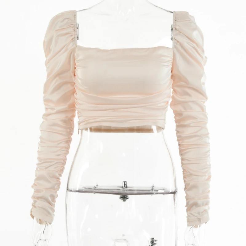 

Spring/Summer 2021 New Halter T-shirt Women Sexy Pleated Long-sleeved High-elastic Satin Top