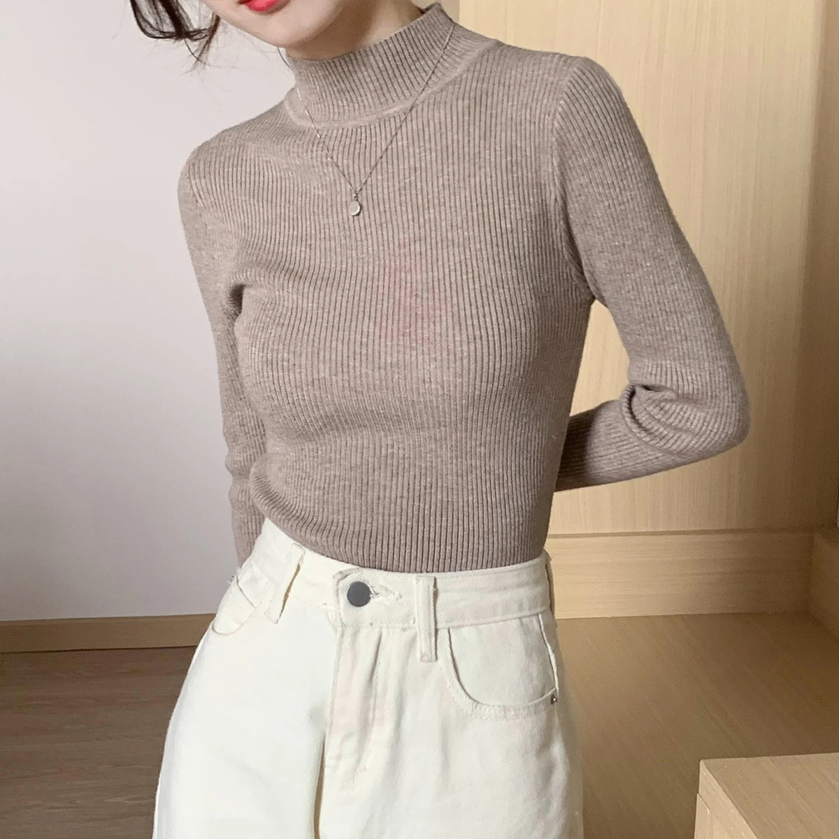 

Half Turtleneck Knitting Tops Women Sweater Long Sleeve 2022 New Spring Autumn Korean Style Solid Color Slim Ladies Pullovers