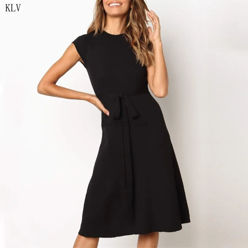 2019 лето осень трикотажное платье офисное женское с рукавами крылышками