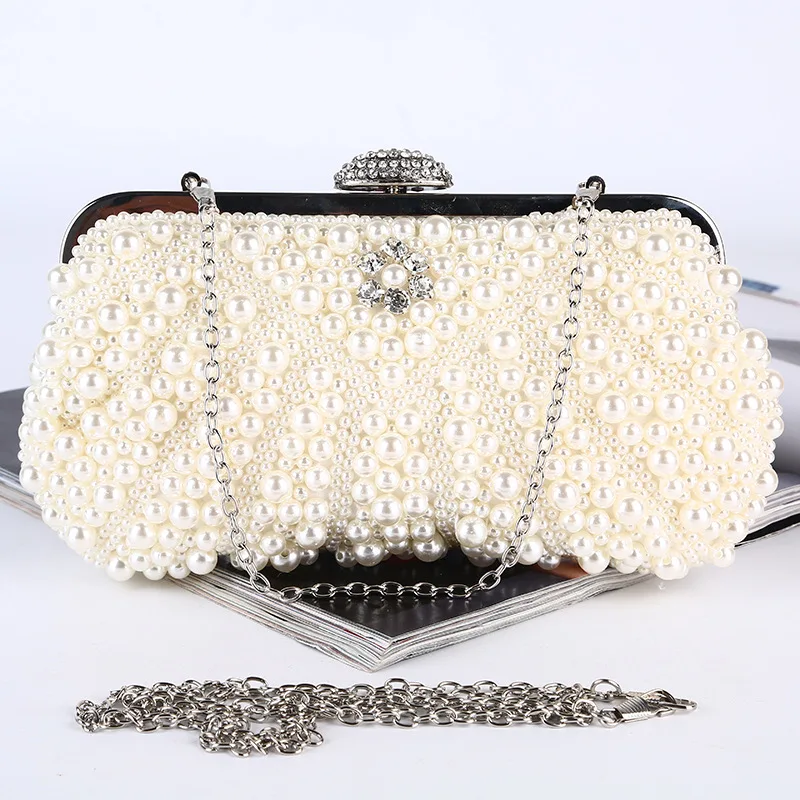 

Luxury Handmade Imitation Pearl Evening Bag Clutch Bag Females Silver Color Chain Handbag Banquet Party Purse women's Clutches