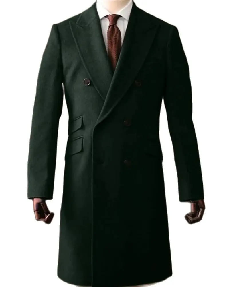 

Dark Green Woolen Peak Lapel Double-breasted Men Overcoat Thick Warm Long Coat Casual Formal Business Winter Tailored Jacket