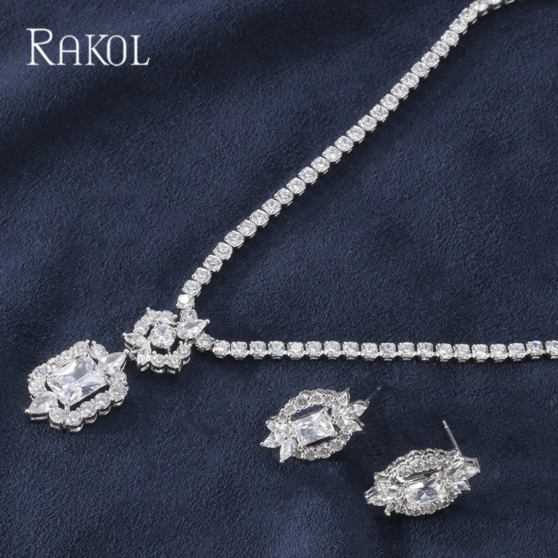 RAKOL Роскошные Искрящийся Блестящий кубический циркон Прозрачные Серьги Ожерелье