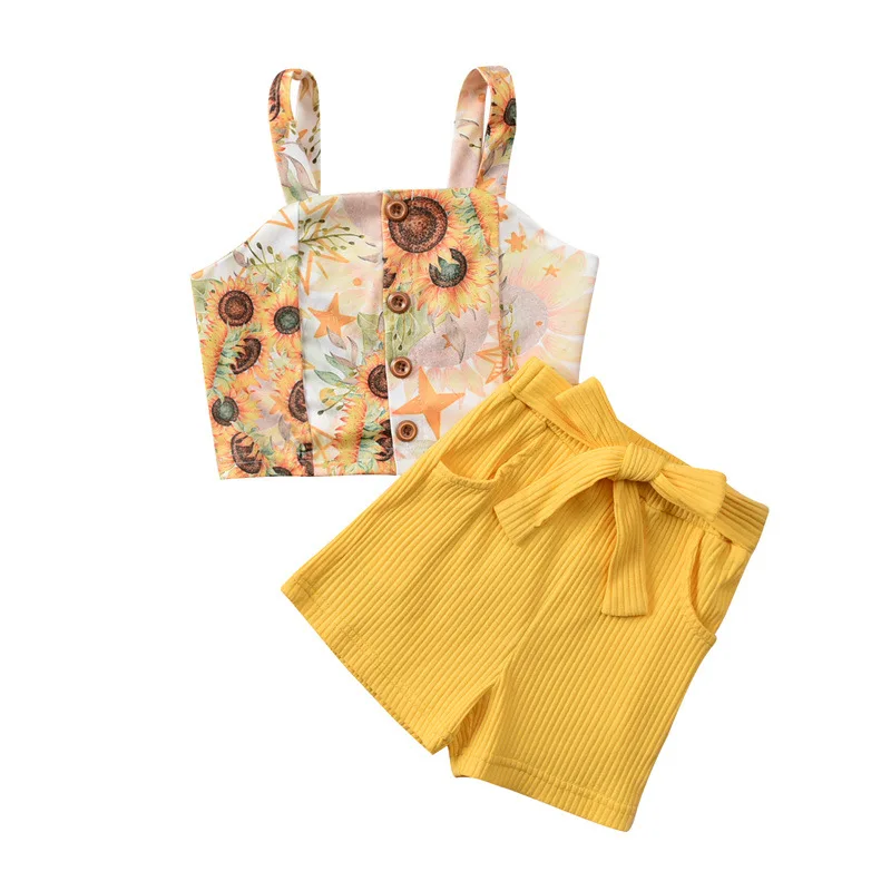

Топ с открытыми плечами и подсолнухом для девочек, однотонный жилет с поясом и короткие брюки, Модный комплект одежды для малышей, 2 шт., 3-24 ме...