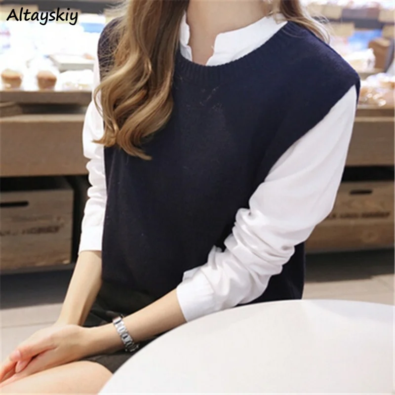 

Sweater Vest Women Spring Slit O-neck Sleeveless Sweaters Baggy Solid Knitting Waistcoats Female Temperament Ulzzang Jumpers New