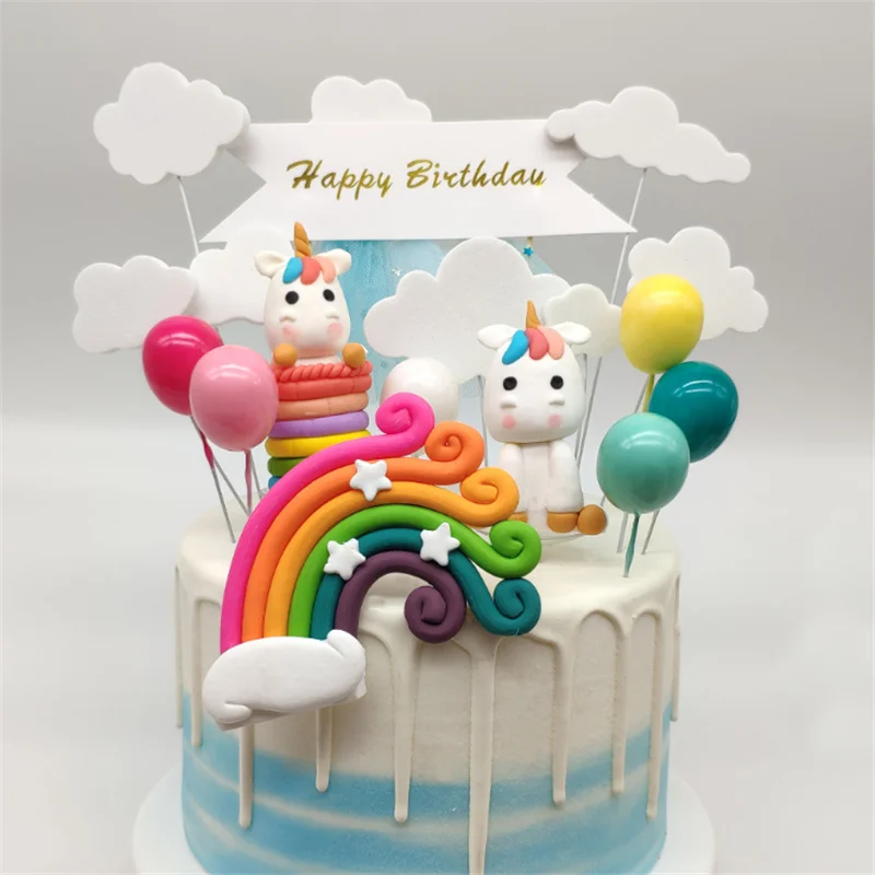 Мультфильм единорог Радуга облака формы торта украшения флаг пирог на день