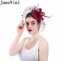 janevini wine red vintage wedding hats and fascinators for women elegant church burgundy feather net bride banquet hat with veil