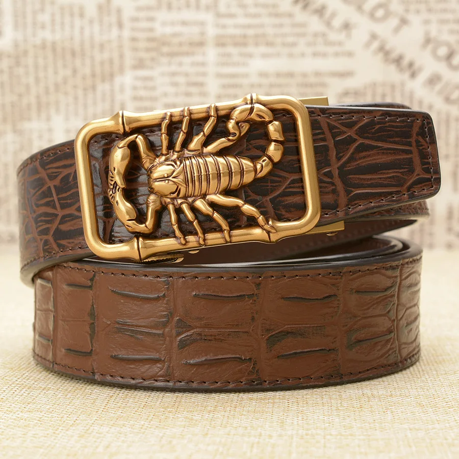 

Men's high-grade Crocodile skin Leather belt Golden Scorpion automatic buckle fashion luxury vintage casual wild waistband