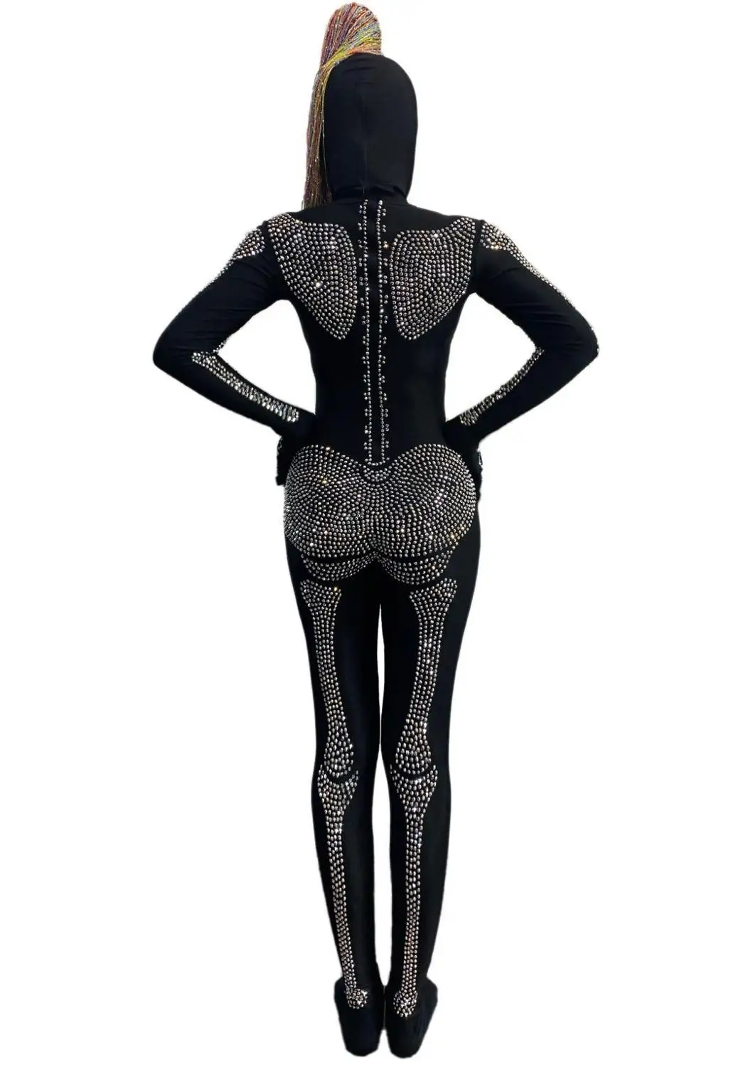 

Skeleton Mask Horror Costume Women Halloween Party Demon Role-playing Performance Clothes Silver Rhinestones Jumpsuit Stage Wear