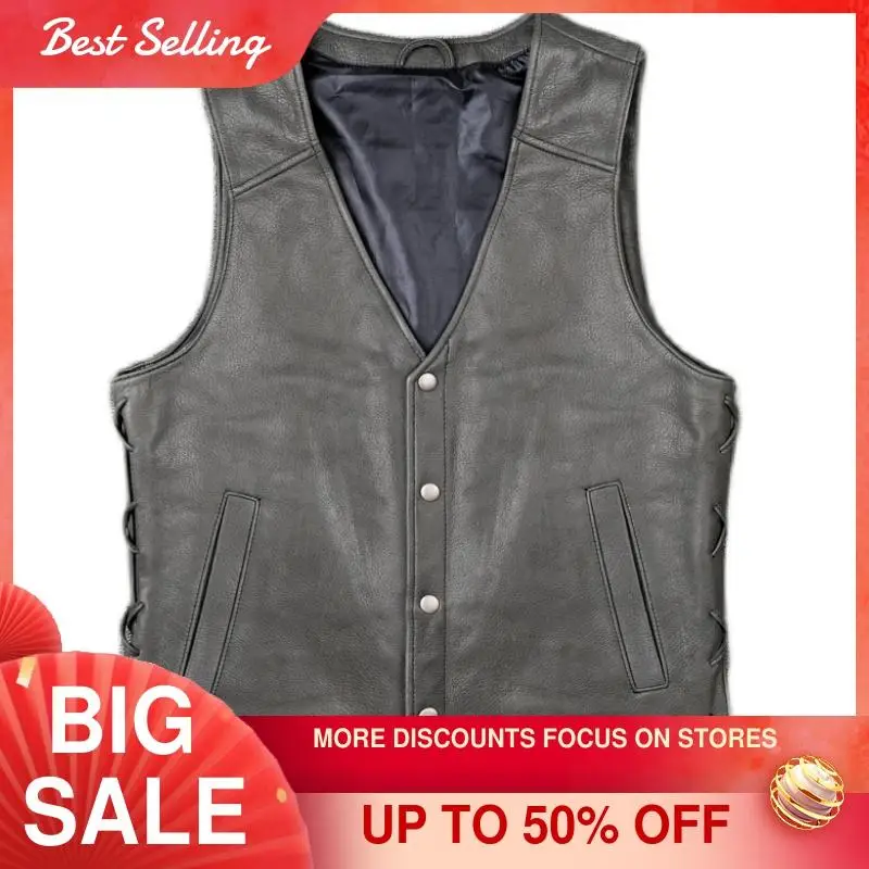 

2021 Grey Casual Style Genuine Leather Vest Men Single Breasted Plus Size 3XL Real Natural Sheepskin Slim Fit Autumn Coat