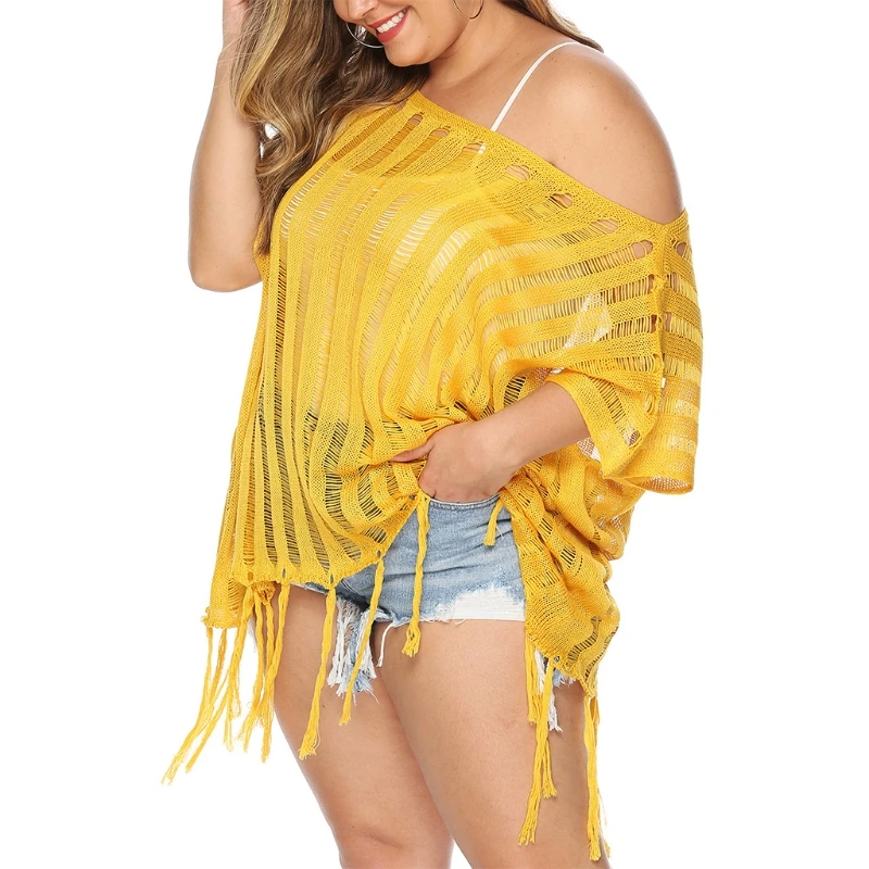 

Women Irregular Tassel Swimsuit Cover Up Sexy Off Shoulder Crochet Beach Dress