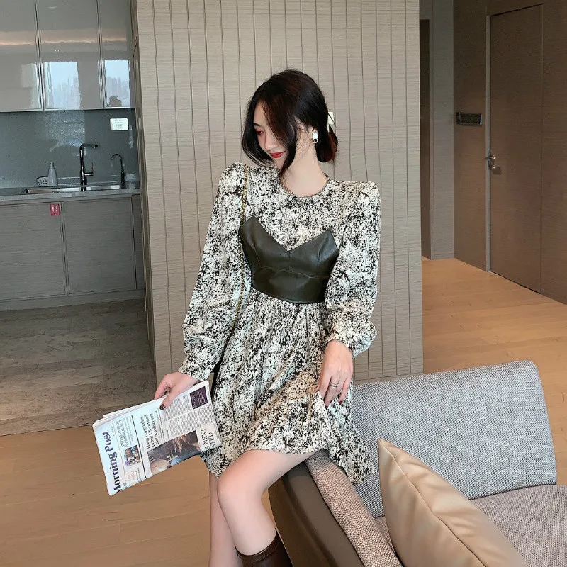 

Autumn Winter 2021 Plus Size Women's Clothing Long Sleeve Chiffon Sexy Shirt Dresses+Black Sling for Women Floral Elegant Party