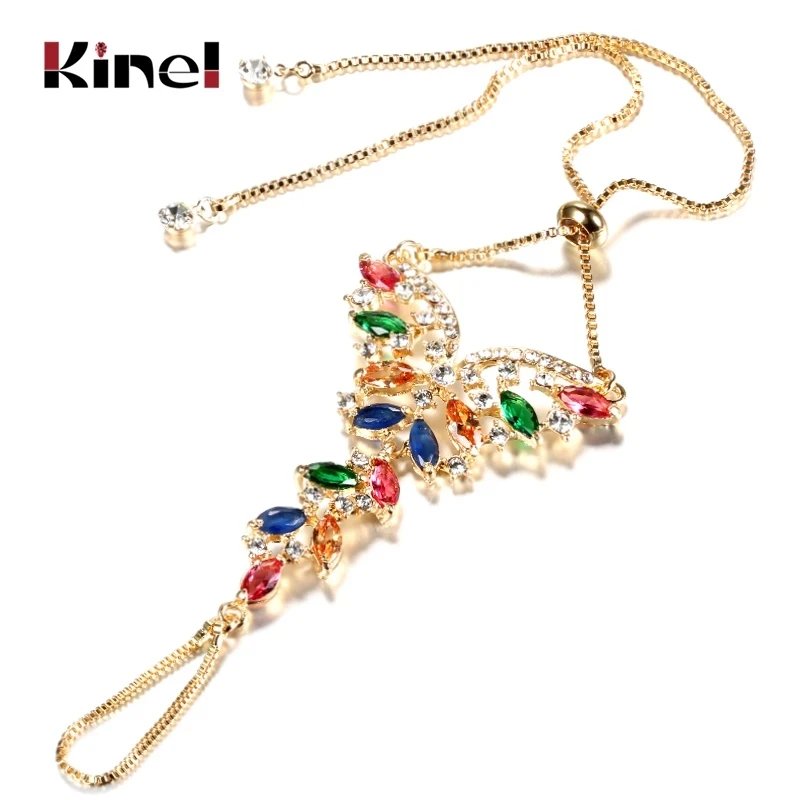 

Kinel Luxury Indian Jewellery Fashion Gold Plating Colorful Zircon Bracelet For Women Vintage Wedding Jewelry Party Crystal Gift