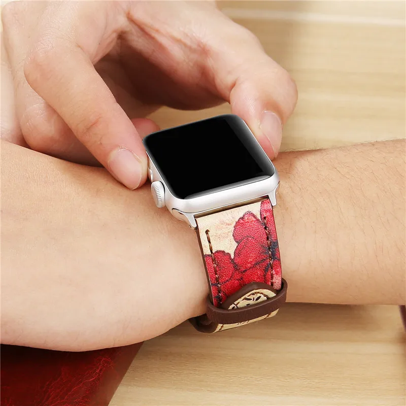 Винтажный кожаный ремешок для часов Apple Watch 38 мм 42 мм красный цветочный принт для женщин и мужчин сменный мужской т-браслет ремешок для iwatch 1 2 3